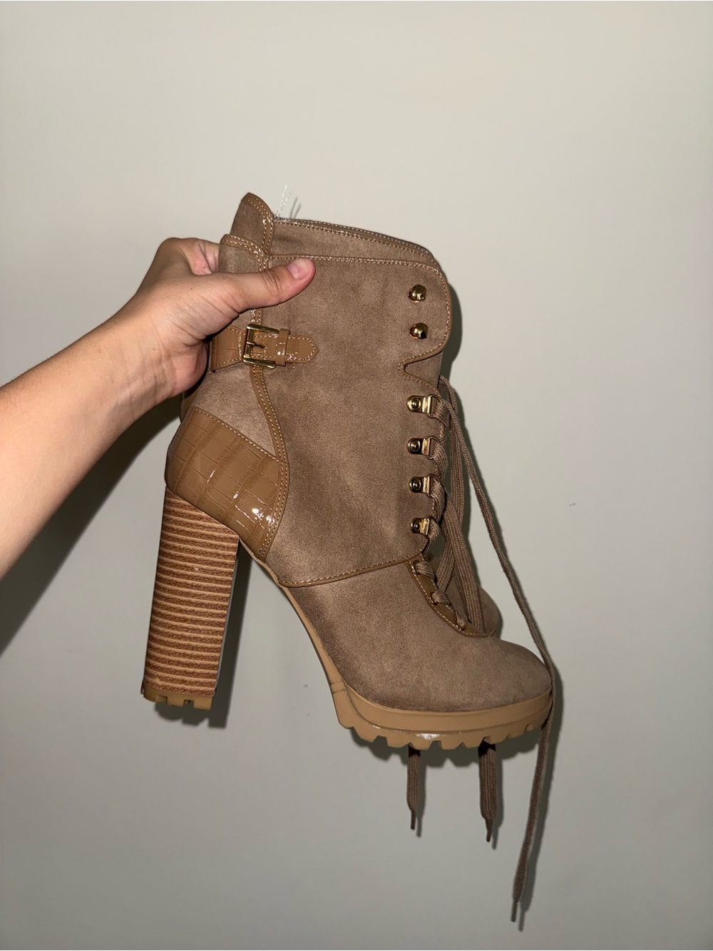 Women's Taupe Lace-Up High Heel Bootie